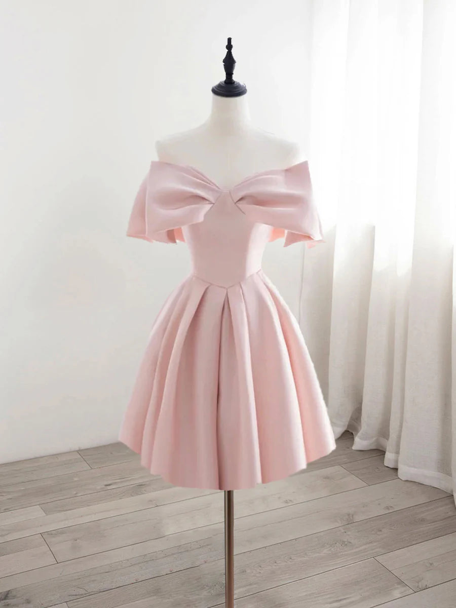 Buyishang A-Line Off Shoulder Satin Pink Short Prom Dress Pink Homecoming Dress