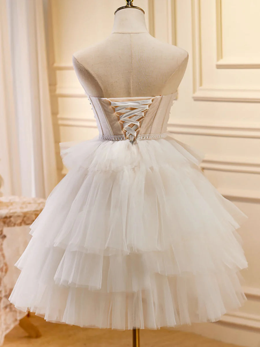 Buyishang Beige Sweetheart Neck Tulle Puffy Short Prom Dress Beige Homecoming Dress