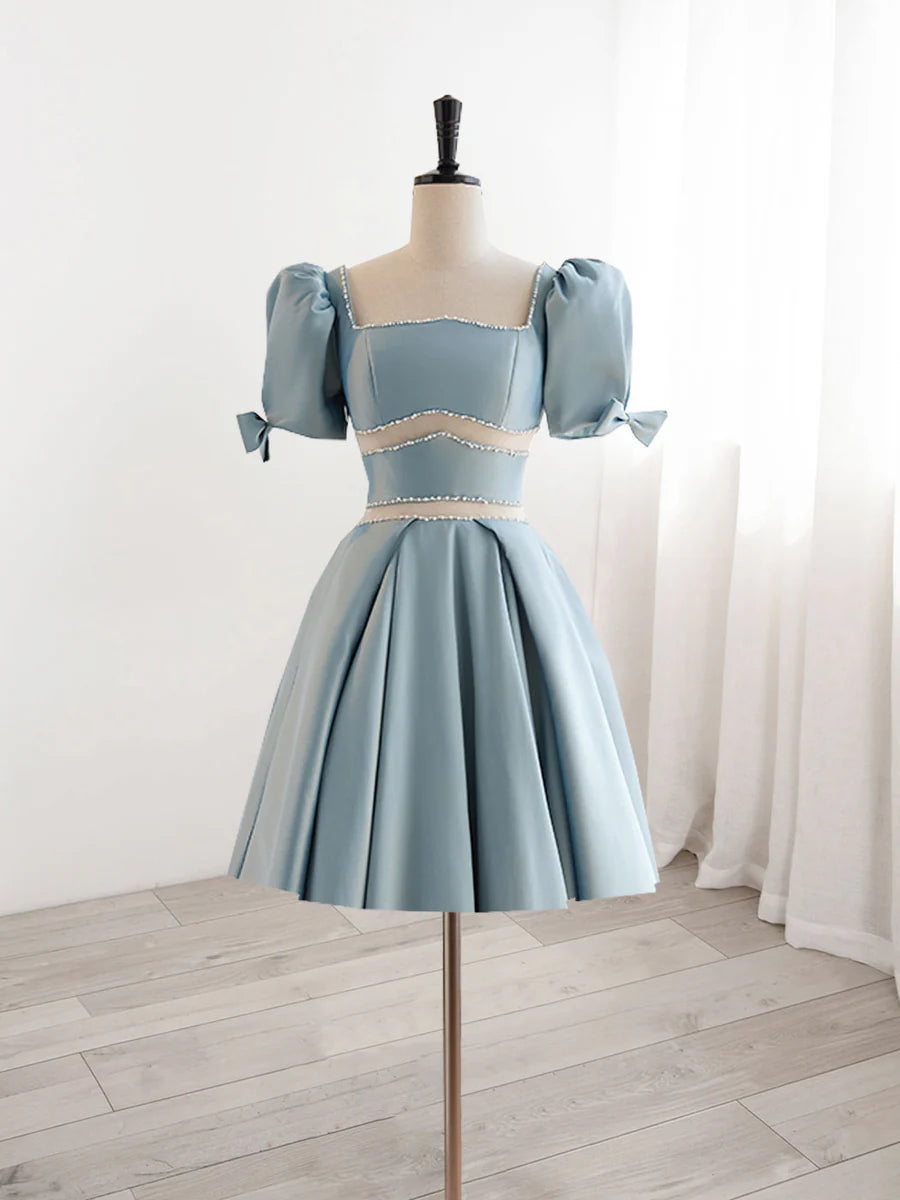 Buyishang A-Line Square Neckline Blue Short Prom Dress Cute Blue Homecoming Dress