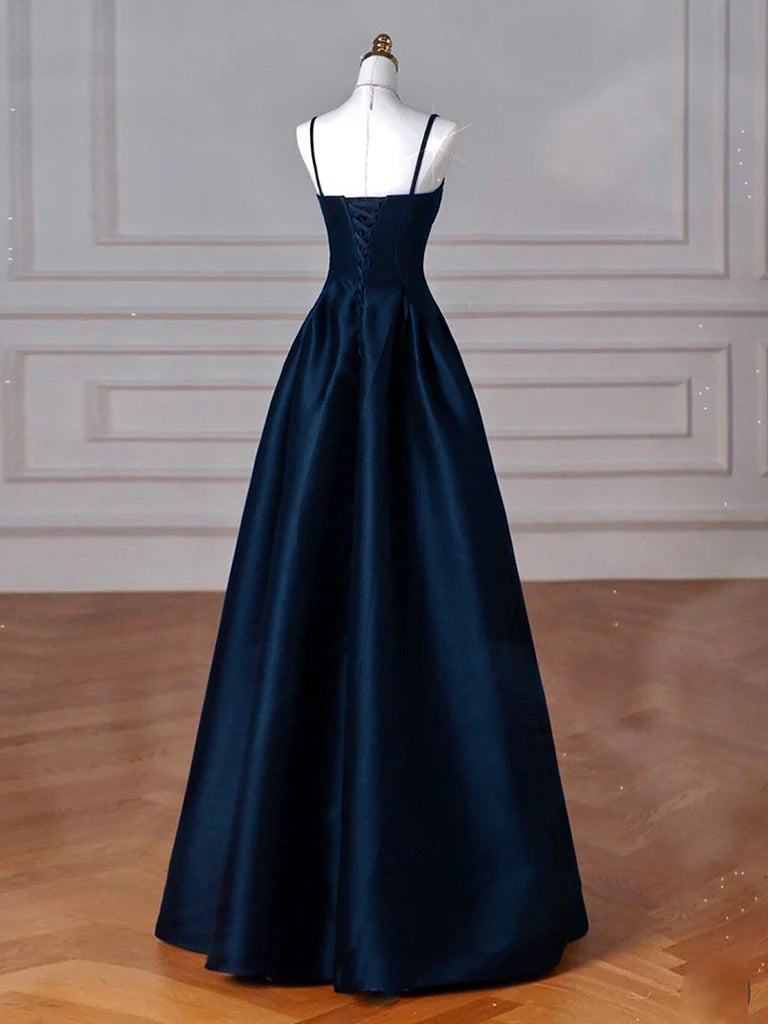 Buyishang Simple A-Line Dark Blue Satin Long Prom Dress Dark Blue Long Formal Dress