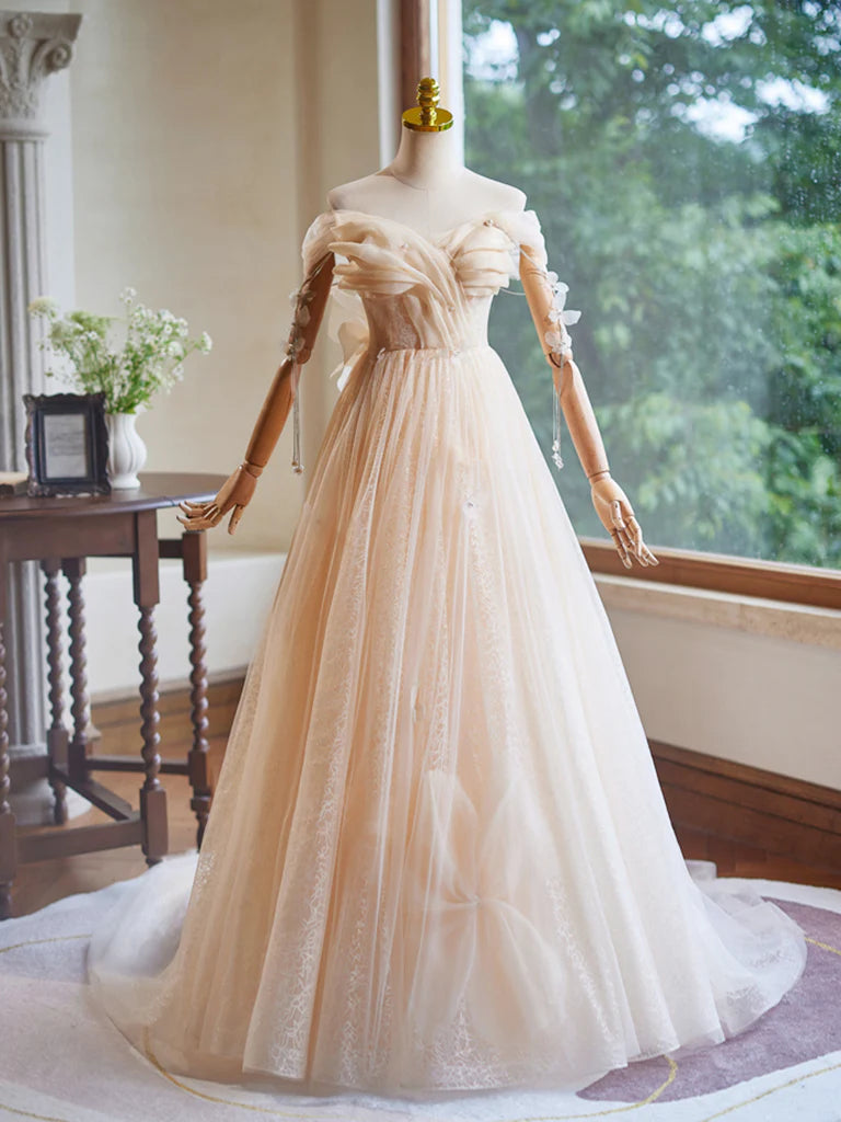 Buyishang A-Line Off Shoulder Tulle Beads Champagne Long Prom Dress