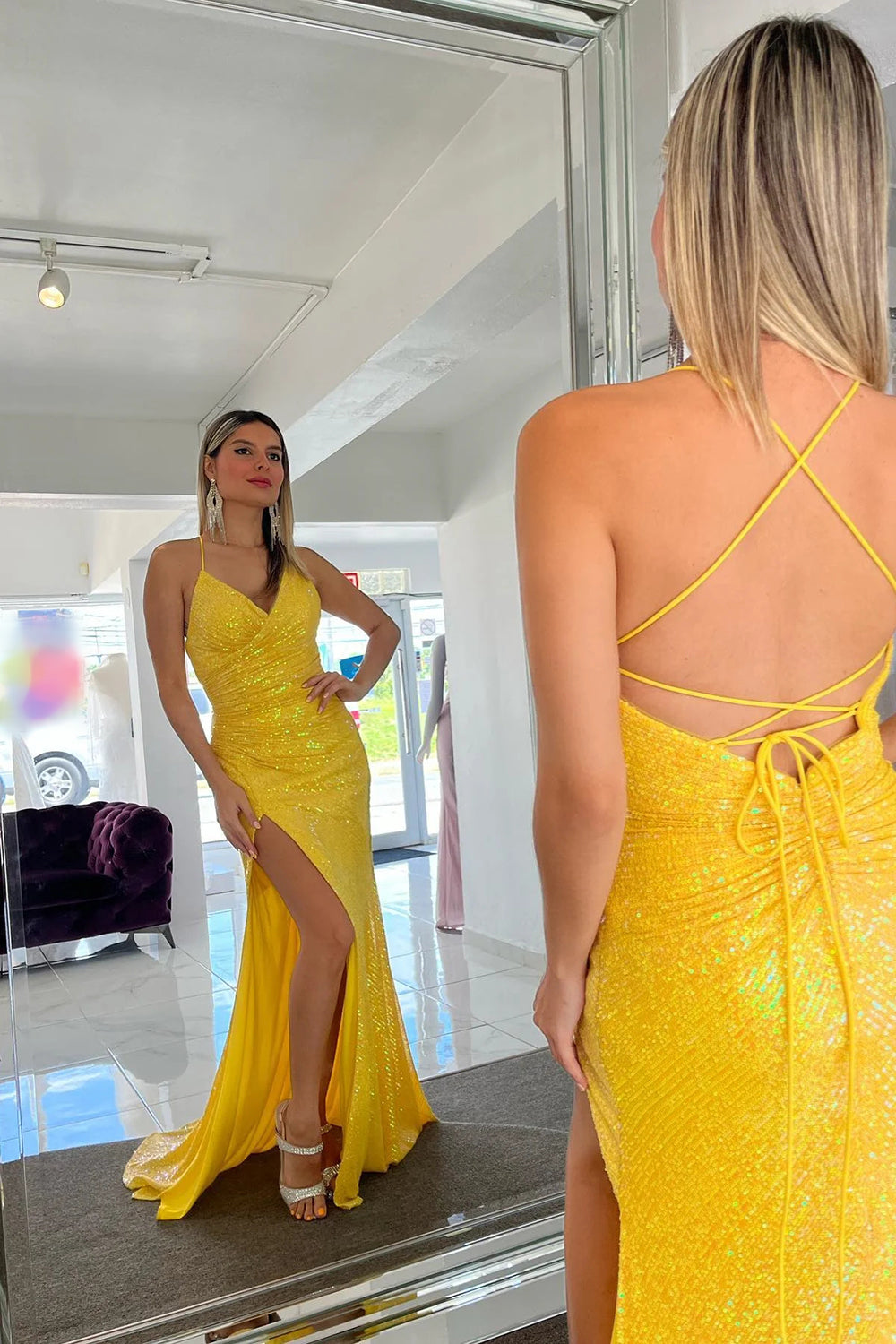 Sparkly Mermaid Spaghetti Straps Yellow Sequins Long Prom Dress with Split Front