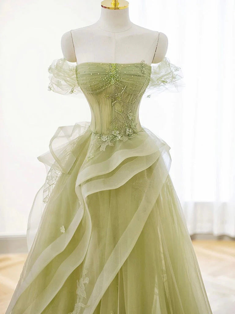 Buyishang A-Line Off Shoulder Tulle Lace Green Long Prom Dress Green Lace Long Formal Dress