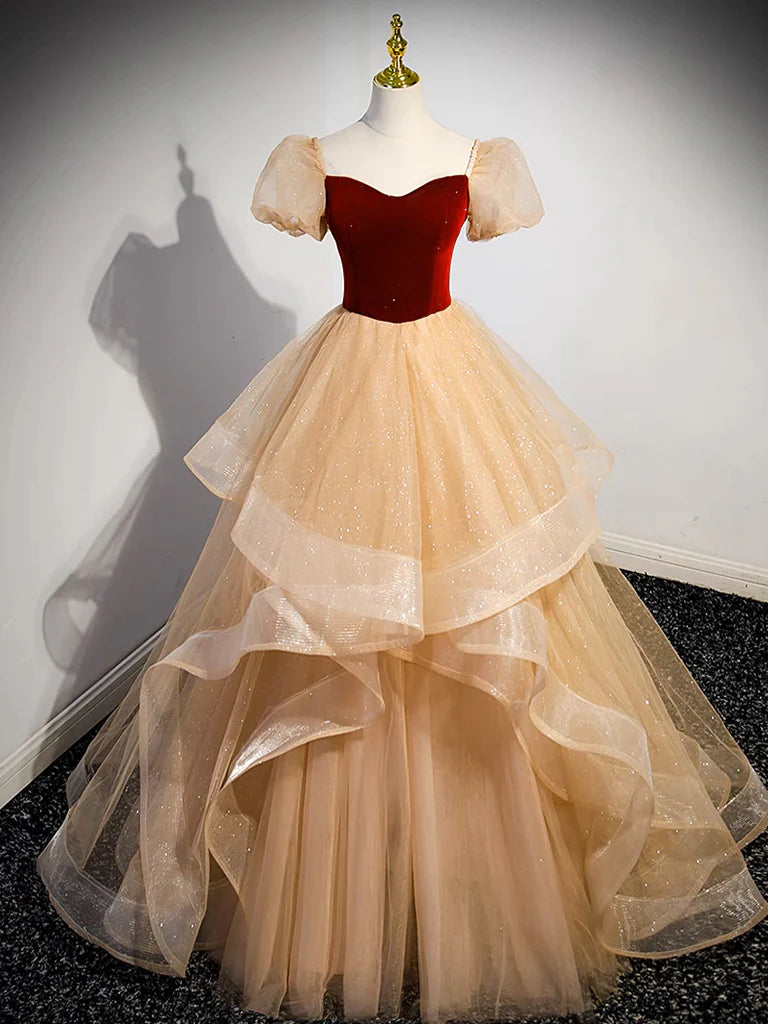 Buyishang A-Line Tulle Velvet Champagne Long Prom Dress Champagne Long Formal Dress