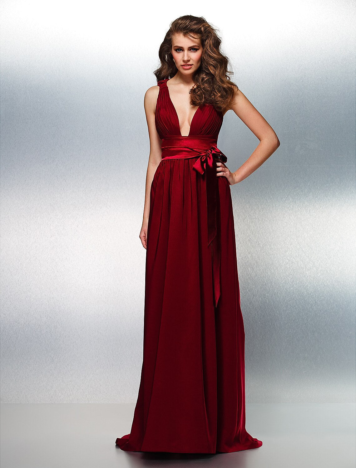 A-Line Beautiful Back Prom Formal Evening Dress Plunging Neck Sleeveless Sweep