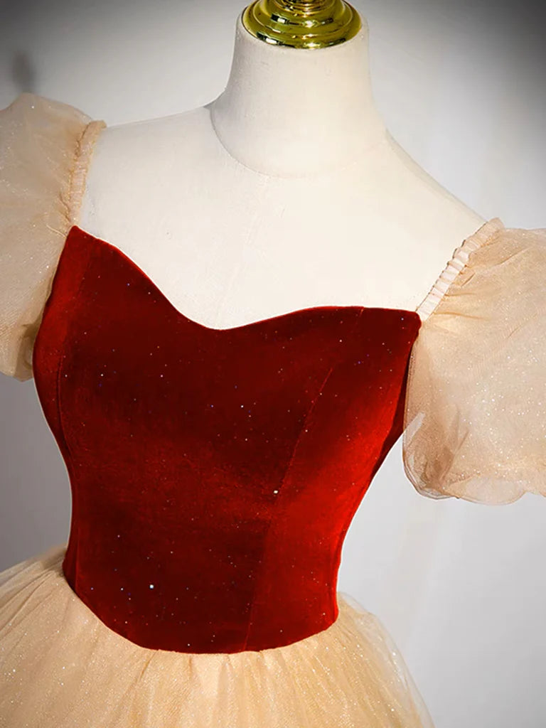 Buyishang A-Line Tulle Velvet Champagne Long Prom Dress Champagne Long Formal Dress