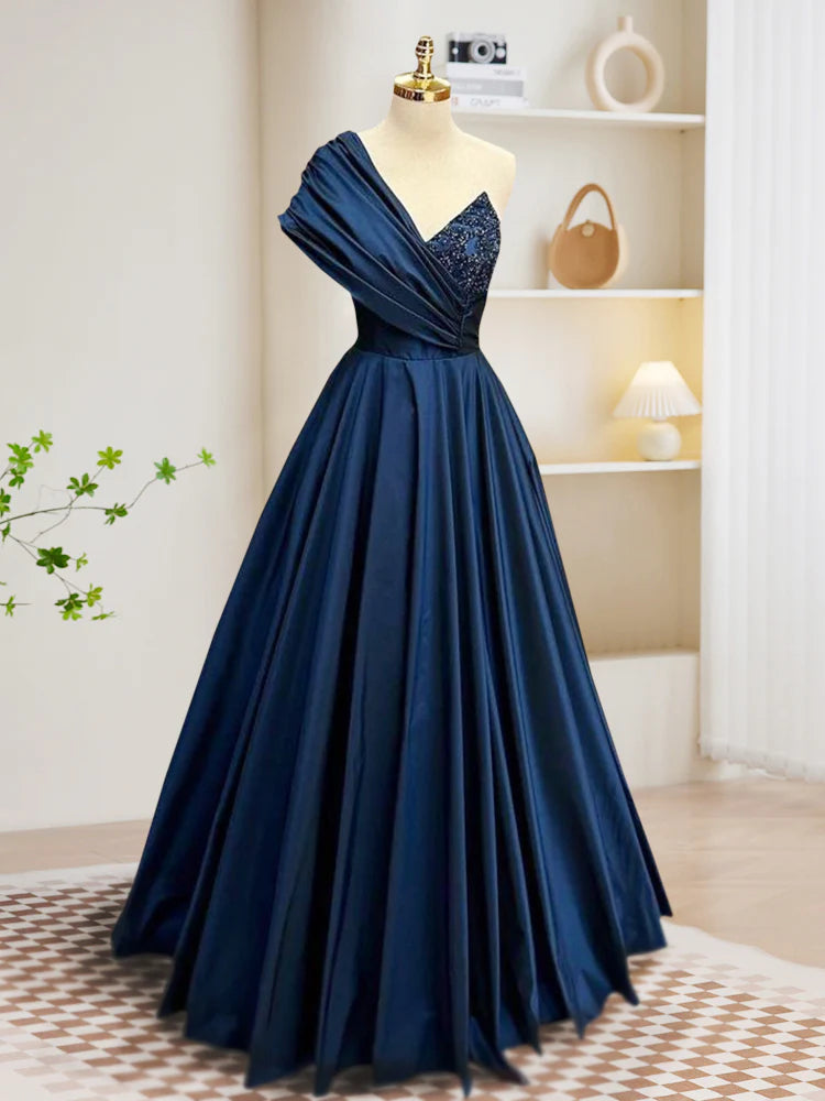 Buyishang A-Line One Shoulder Satin Beads Dark Blue Long Prom Dress Blue Long Evening Dress