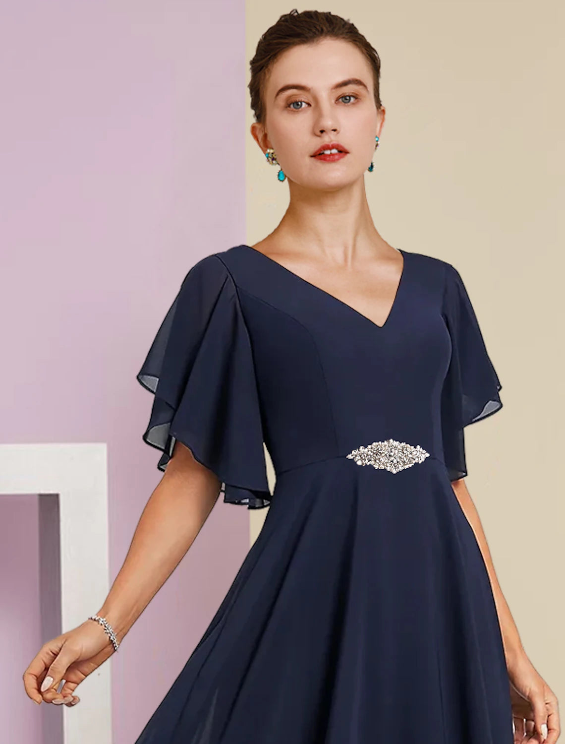 A-Line Mother of the Bride Dress Formal Fall Wedding Guest Elegant V Neck Tea