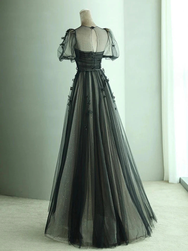Buyishang A-Line Black Puff Sleeves Tulle Long Prom Dress Black Formal Evening Dress