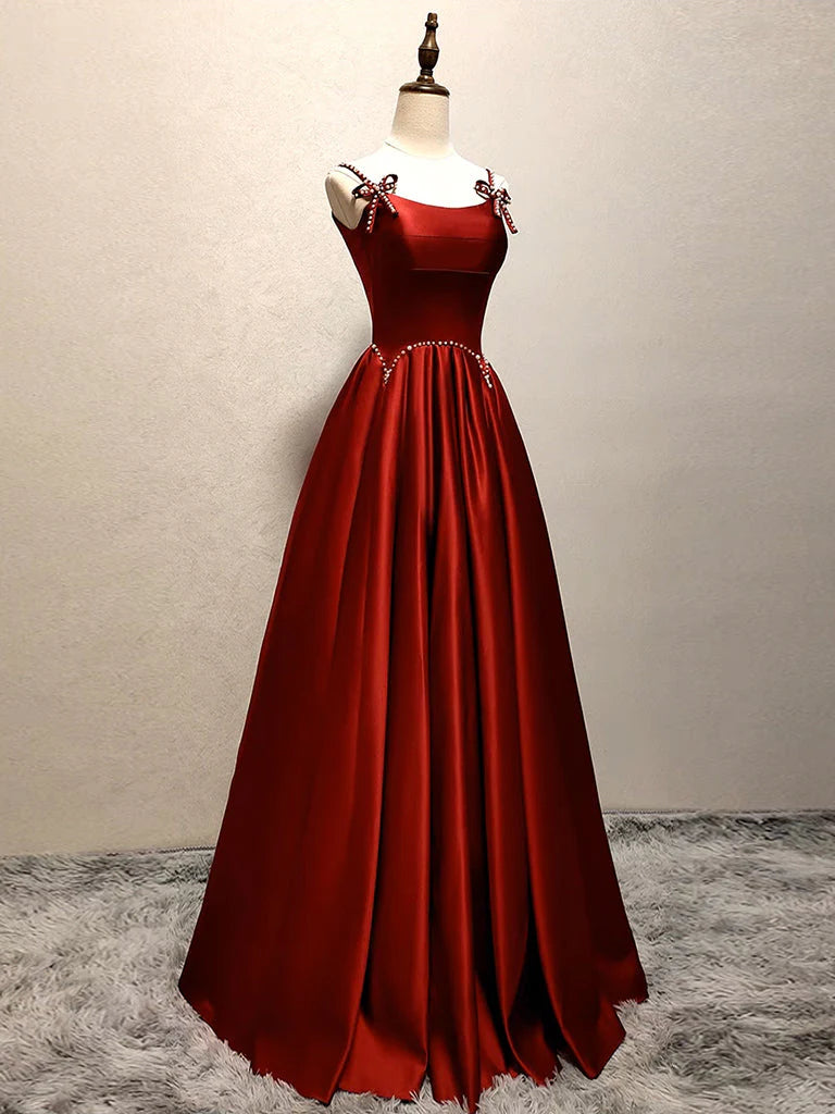 Buyishang A-Line Satin Burgundy Long Prom Dress Burgundy Long Formal Dress