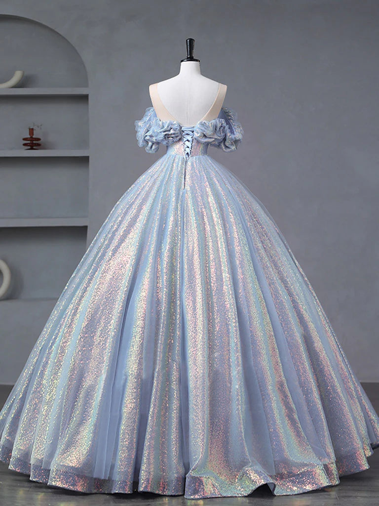 Buyishang A-Line Off Shoulder Tulle Sequin Blue Purple Long Prom Dress Sequin Formal Dress