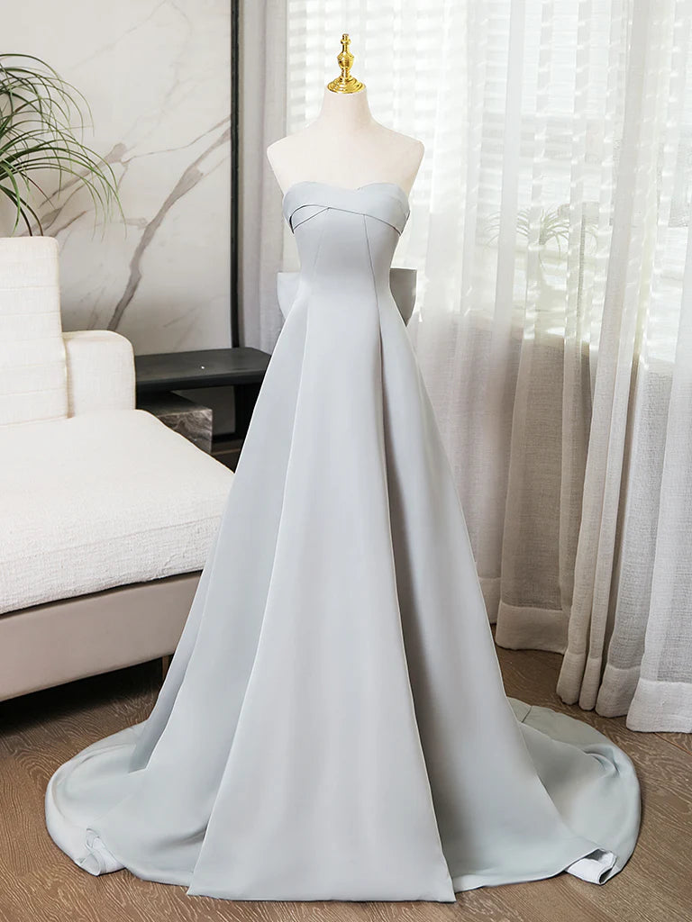Buyishang A-Line Sweetheart Neck Satin Gray Long Prom Dress Gray Long Formal Dress