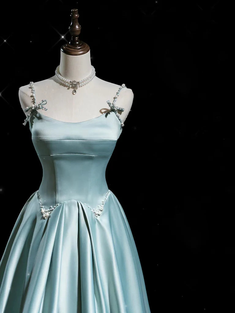 Buyishang A-Line Blue Satin Long Prom Dress Blue Long Formal Dress