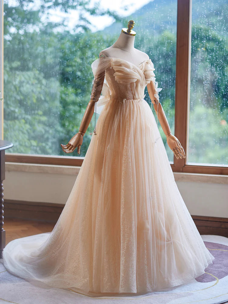 Buyishang A-Line Off Shoulder Tulle Beads Champagne Long Prom Dress