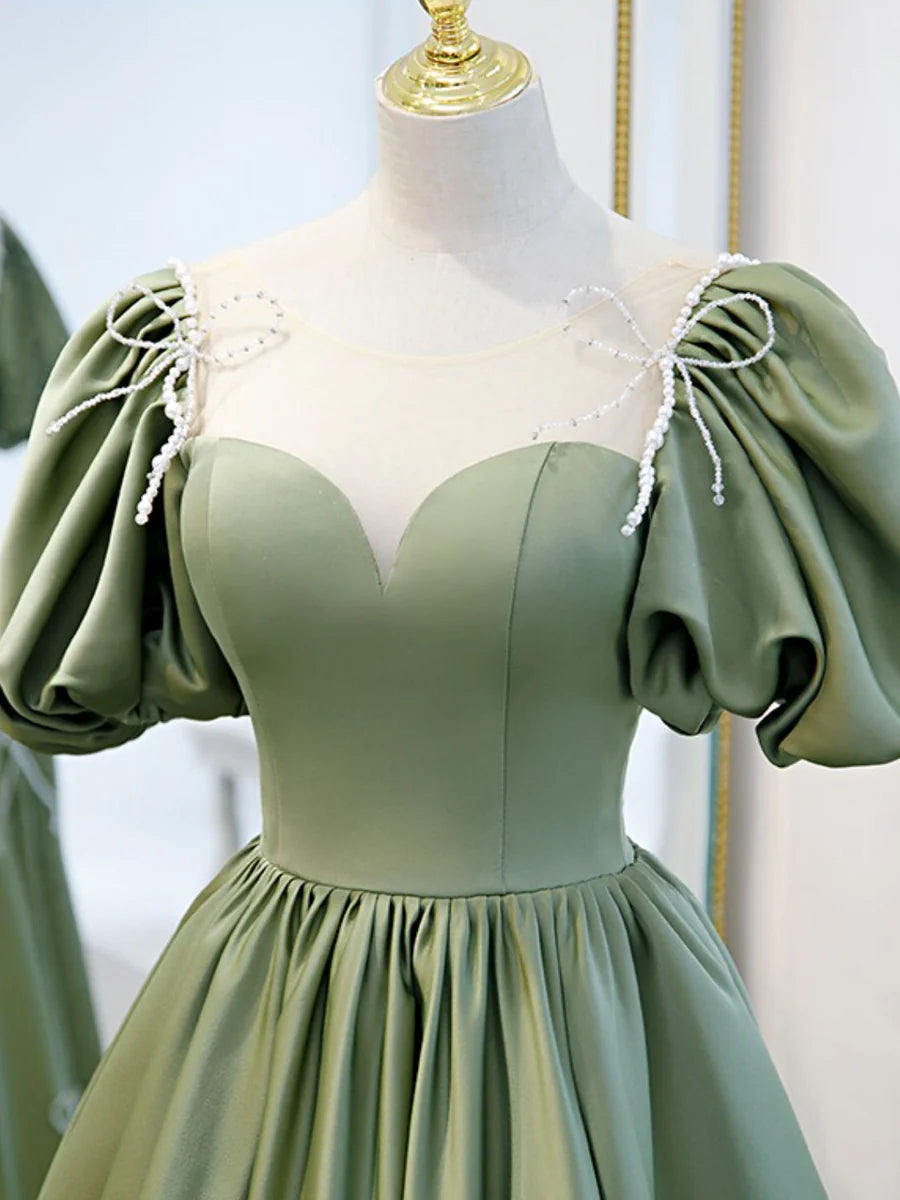 Buyishang A-Line Green Puffy Sleeve Satin Short Prom Dress Green Short Formal Dress