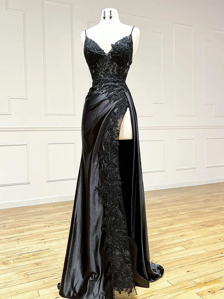 Buyishang Black V Neck Satin Lace Long Prom Dress Black Lace Long Evening Dress