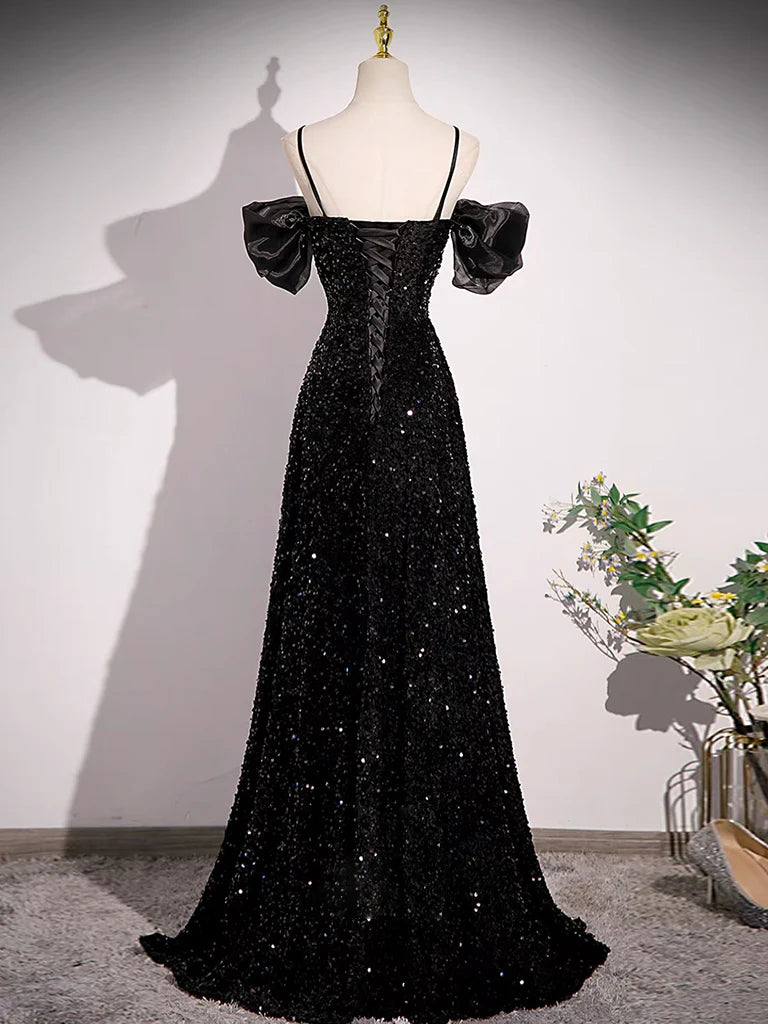 Buyishang Black Off Shoulder Velvet Sequin Long Prom Dress Black Long Evening Dress