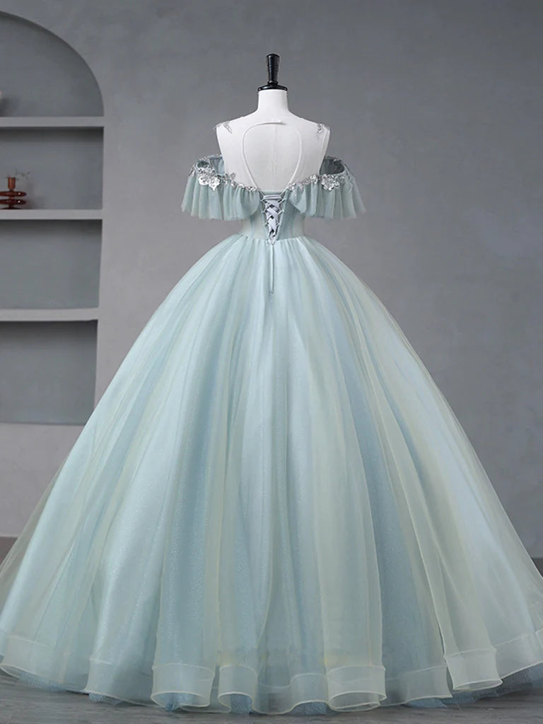 Buyishang A-Line Blue Tulle sequin Lace Long Prom Dress Blue Lace Sweet 16 Dress