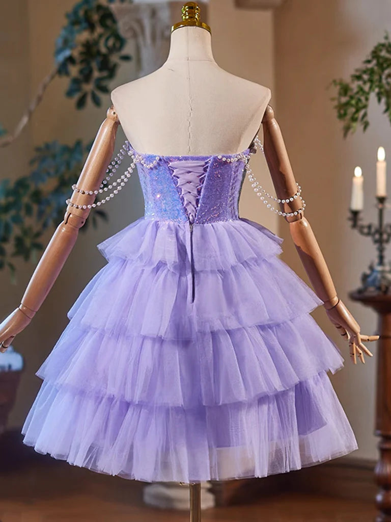 Buyishang A-Line Tulle Sequin Purple Short Prom Dress Purple Homecoming Dress