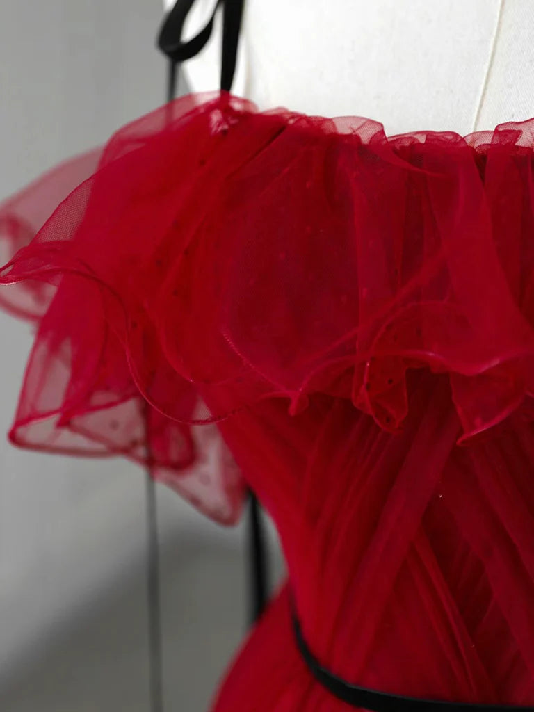 Buyishang A-Line Tulle Burgundy Long Prom Dress Burgundy Long Formal Dress