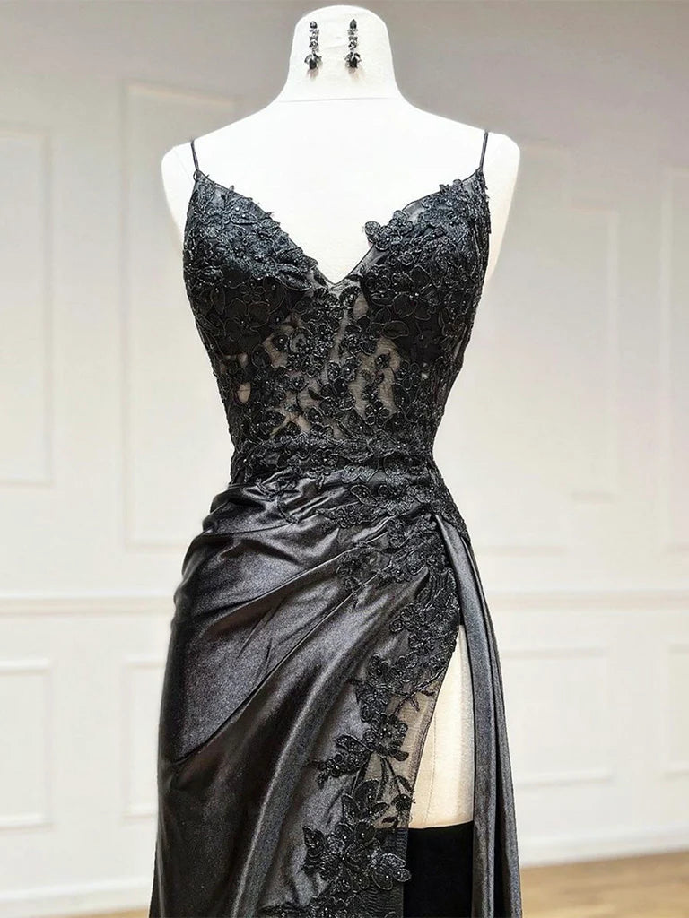 Buyishang Black V Neck Satin Lace Long Prom Dress Black Lace Long Evening Dress