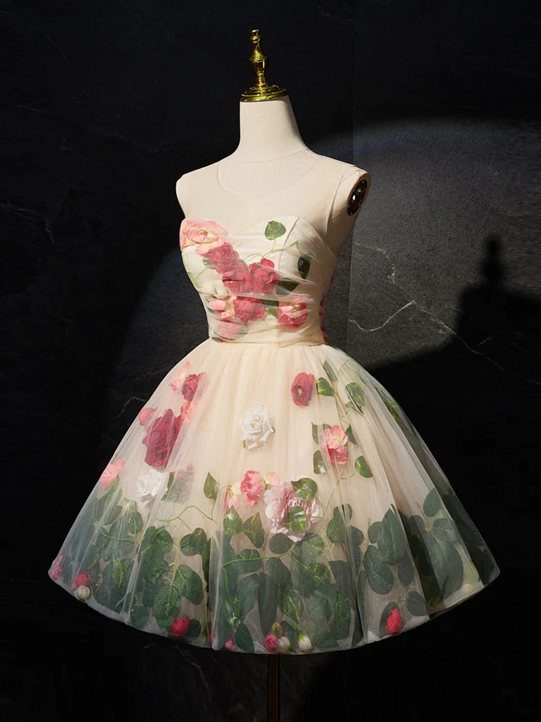 Buyishang Unique Scoop Neckline Tulle Flower Champagne Short Prom Dress Cute Formal Dress