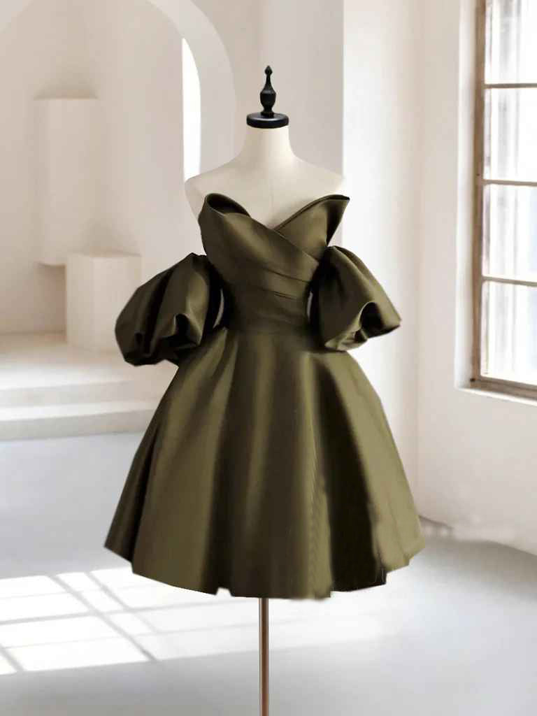 Buyishang A-Line Puff Sleeves Olive Green Satin Short Prom Dress Olive Green Homecoming Dress