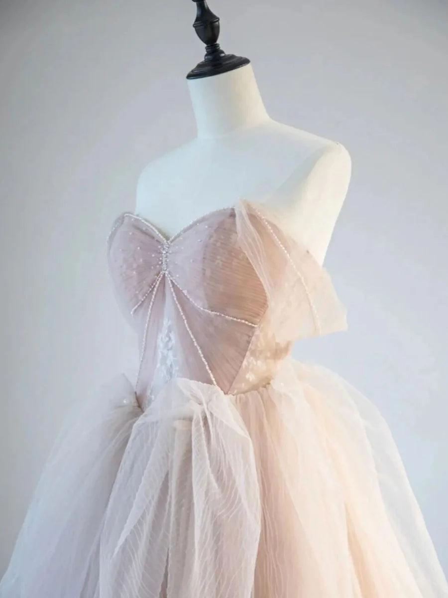 Buyishang A-Line Off Shoulder Tulle Lace Champagne Pink Long Prom Dress Lace Long Formal Dress