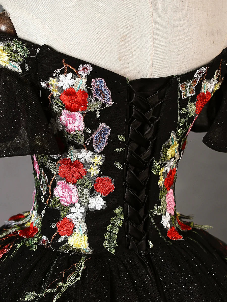 Buyishang A- Line Tulle Lace Black Long Prom Dress Black Lace Sweet 16 Dress