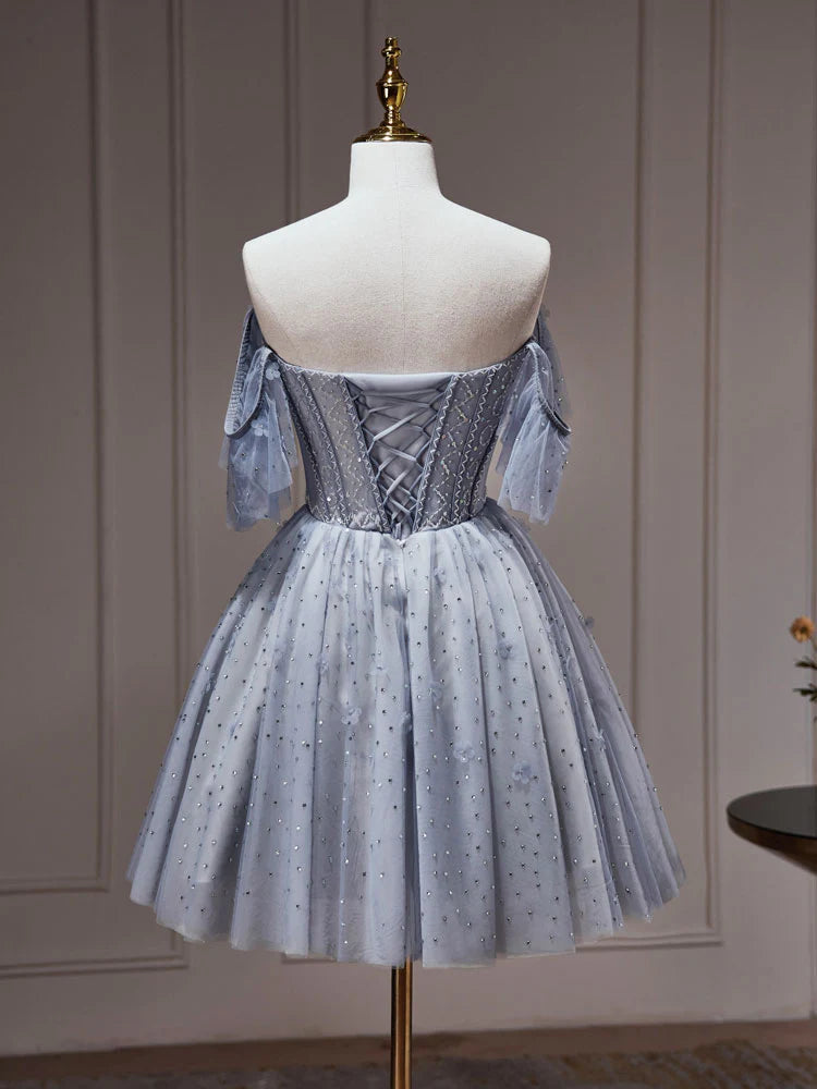 Buyishang A-Line Gray Blue Tulle Short Prom Dress Cute Gray Blue Homecoming Dress