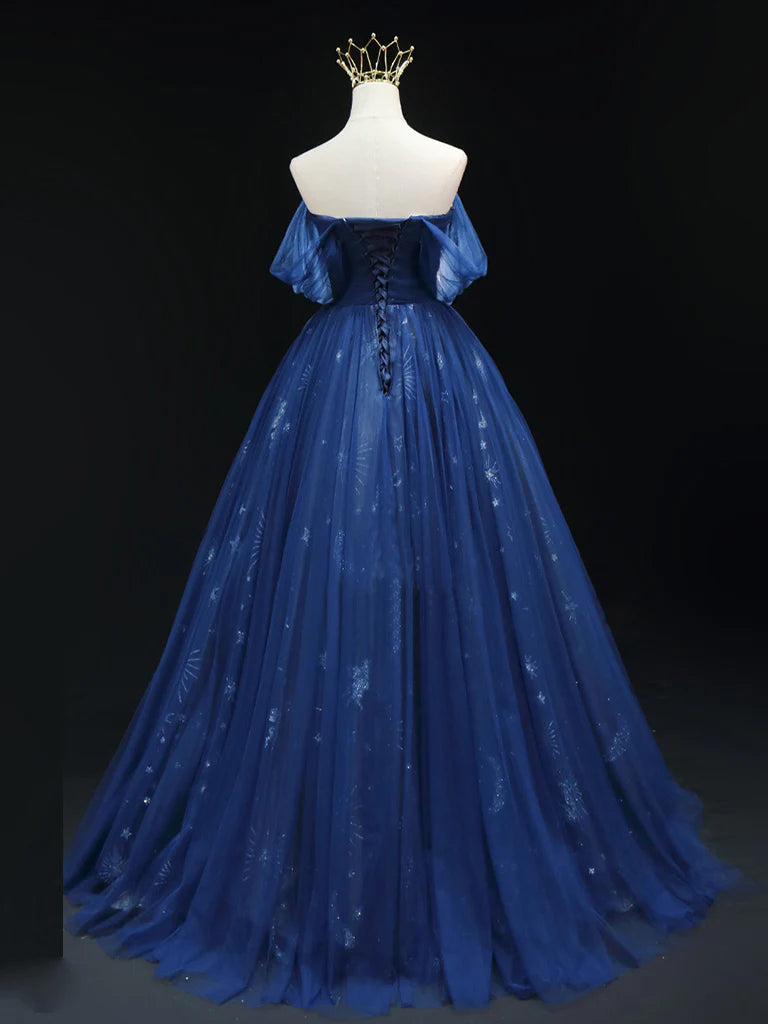 Buyishang A-Line Off Shoulder Sweetheart Neck Dark Blue Long Prom Dress Blue Formal Dress