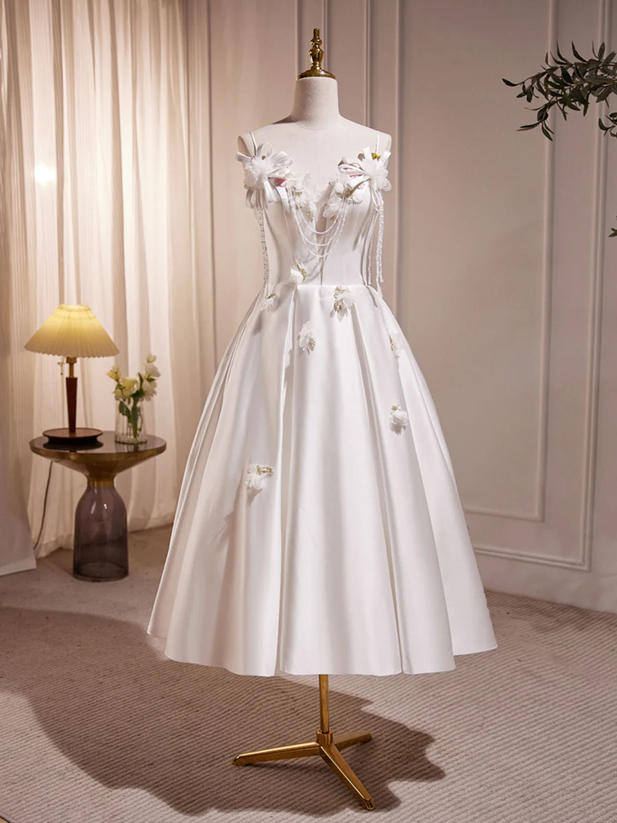 Buyishang White V Neck Satin Tea Length Prom Dress White Formal Dress With Beading