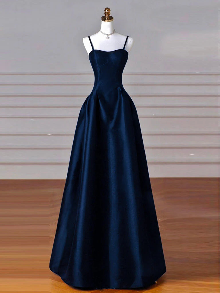 Buyishang Simple A-Line Dark Blue Satin Long Prom Dress Dark Blue Long Formal Dress