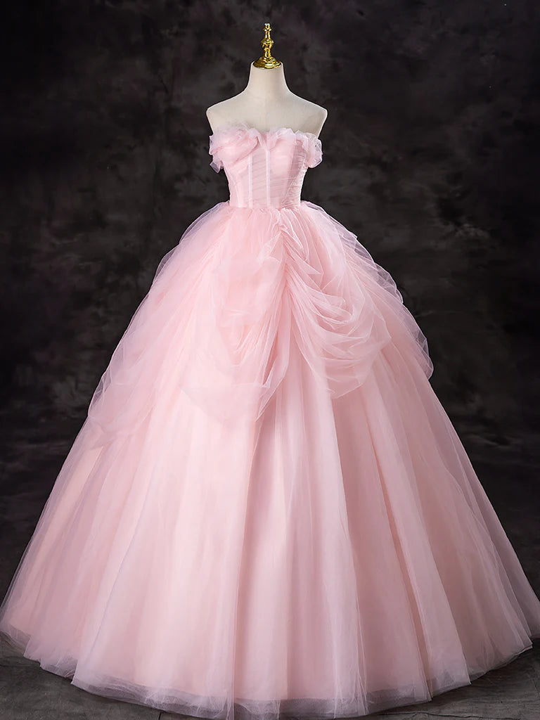 Buyishang A-Line Tulle Pink Long Prom Dress Pink Long Sweet 16 Dress