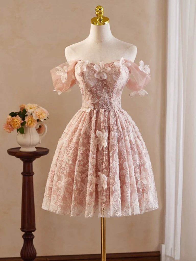 Buyishang A-Line Off Shoulder Tulle Lace Pink Short Prom Dress Pink Homecoming Dress