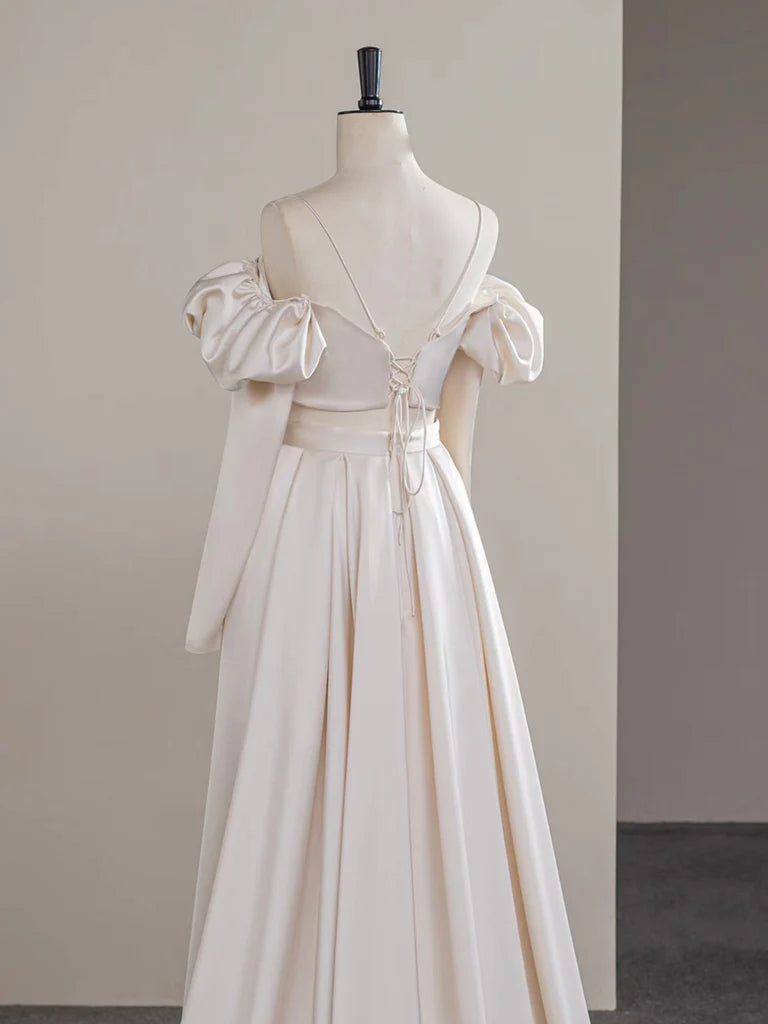 Buyishang A-Line Two Pieces Satin Champagne Long Prom Dress Champagne Formal Dress