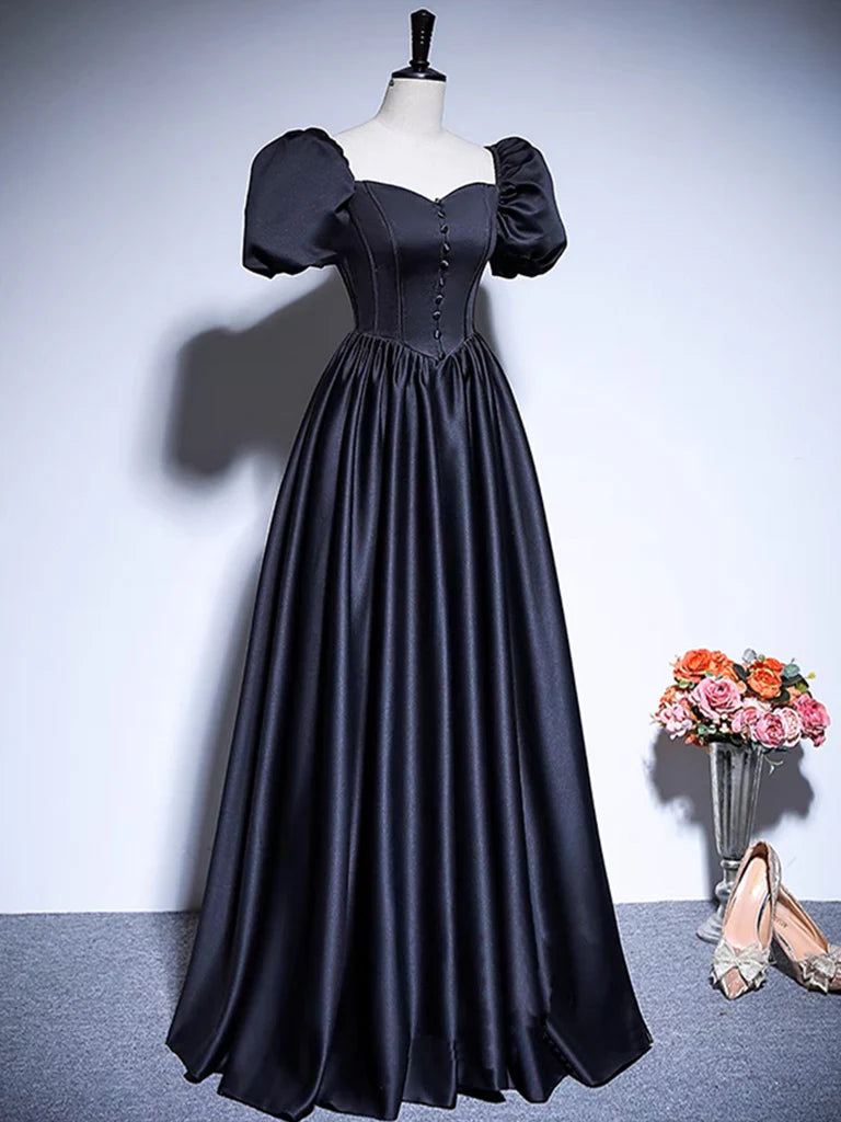 Buyishang A-Line Satin Puff Sleeves Black Long Prom Dress Black Long Evening Dress