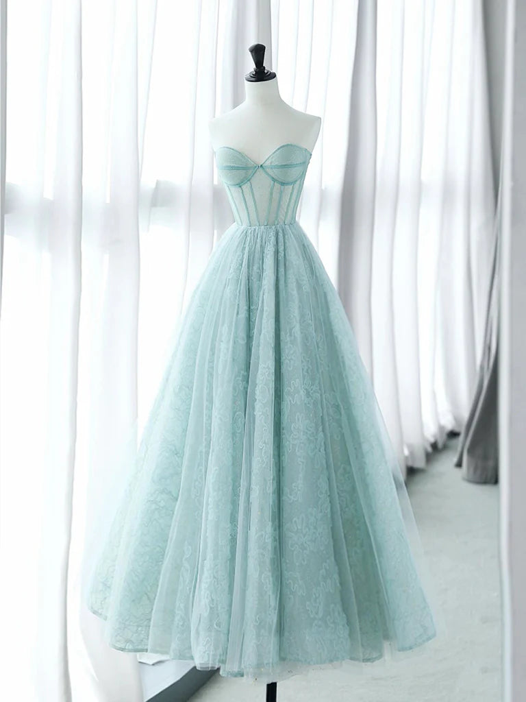 Buyishang A-Line Sweetheart Neck Tulle Lace Blue Long Prom Dress Blue Long Formal Dress