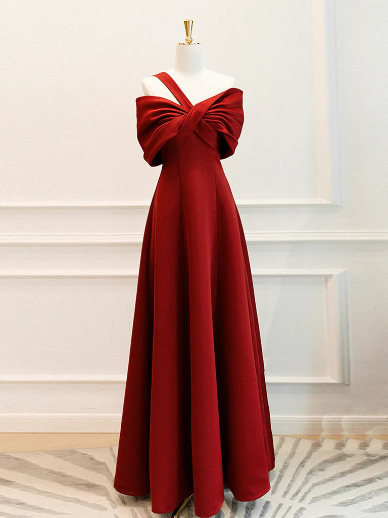 Buyishang A-Line One Shoulder Satin Burgundy Long Prom Dress Burgundy Long Formal Dress