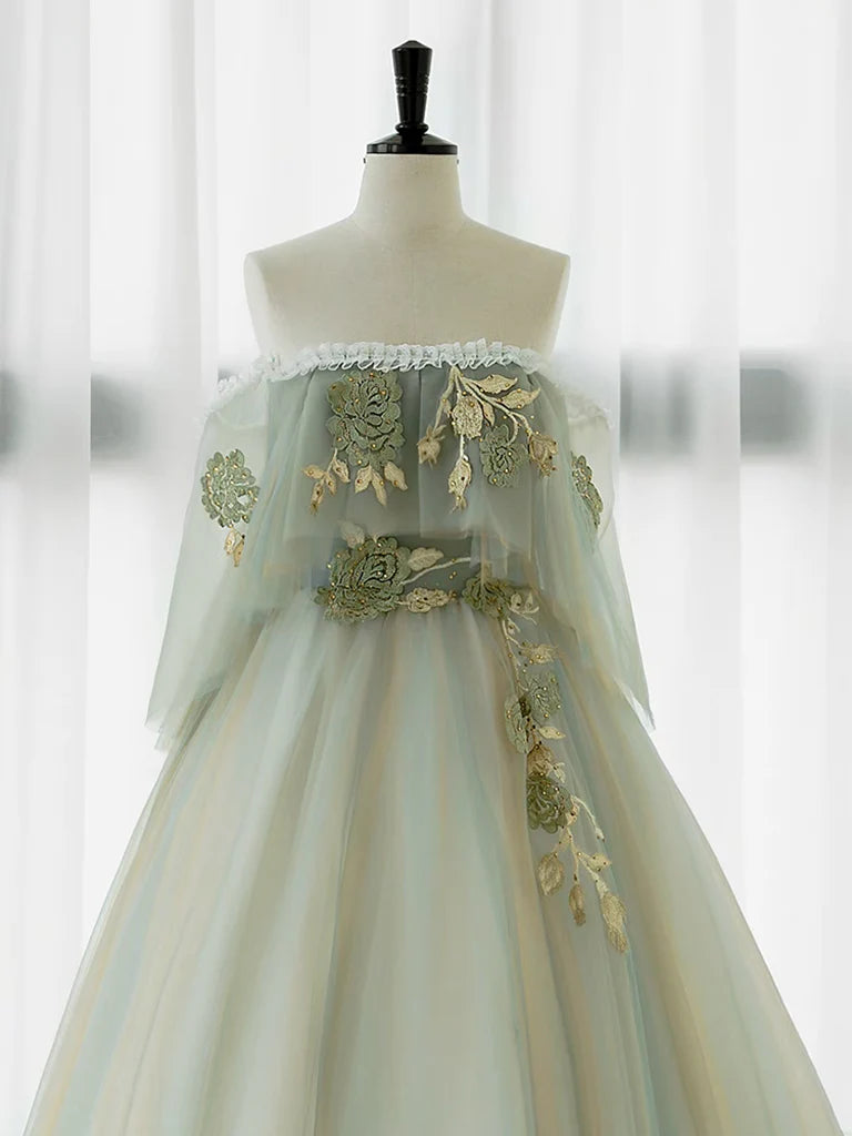 Buyishang A-Line Green Tulle Lace Long Prom Dress Green Tulle Lace Long Formal Dress