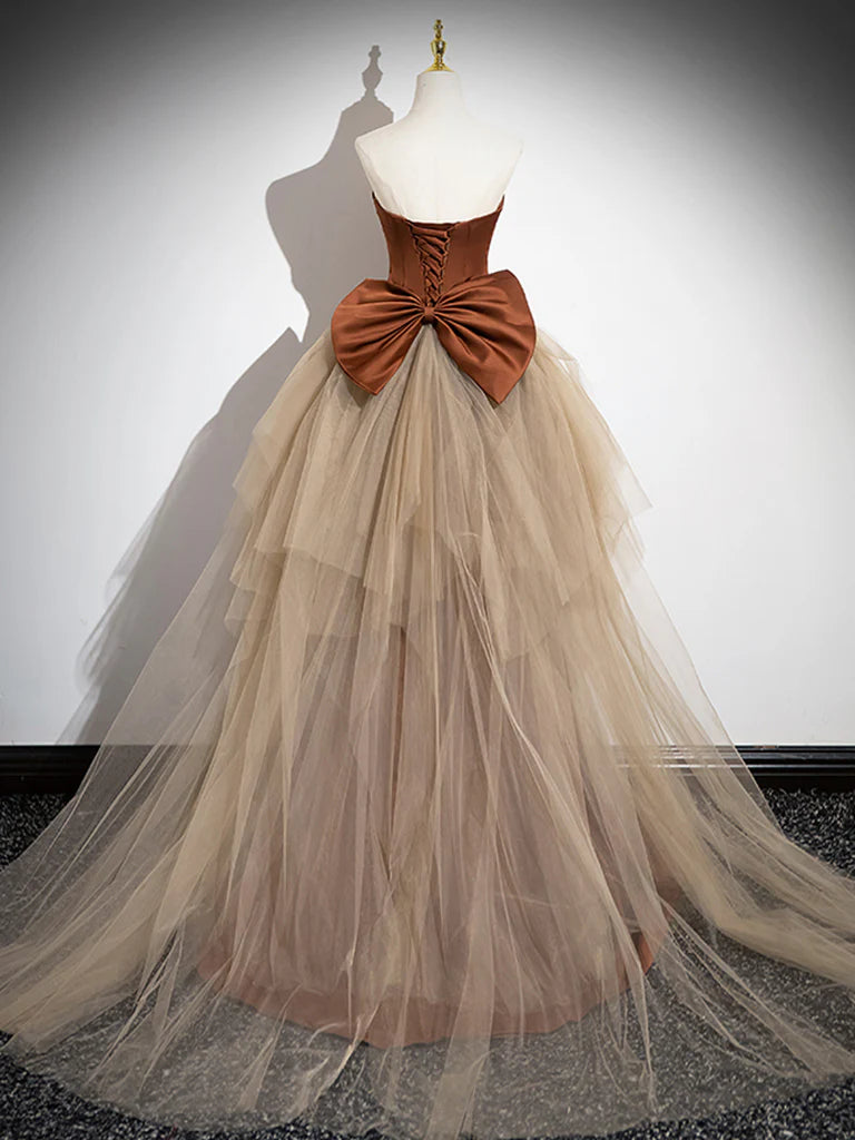 Buyishang Simple Mermaid Brown/Champagne Satin Tulle Long Prom Dress Brown Long Evening Dress
