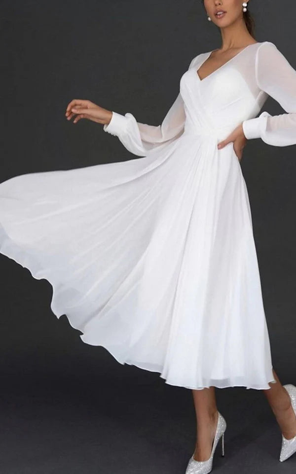 Buyishang A-Line V-neck Chiffon Long Sleeves Zipper Wedding Dress