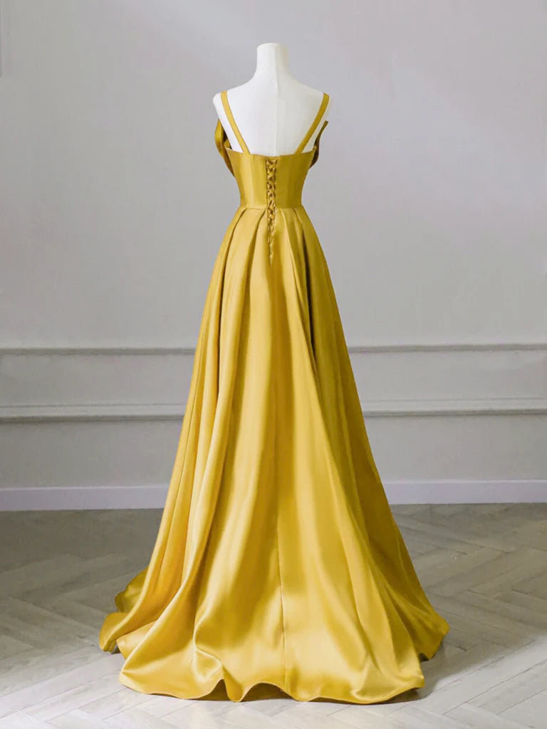 Buyishang A-Line Sweetheart Neck Satin Yellow Long Prom Dress Yellow Long Formal Dress