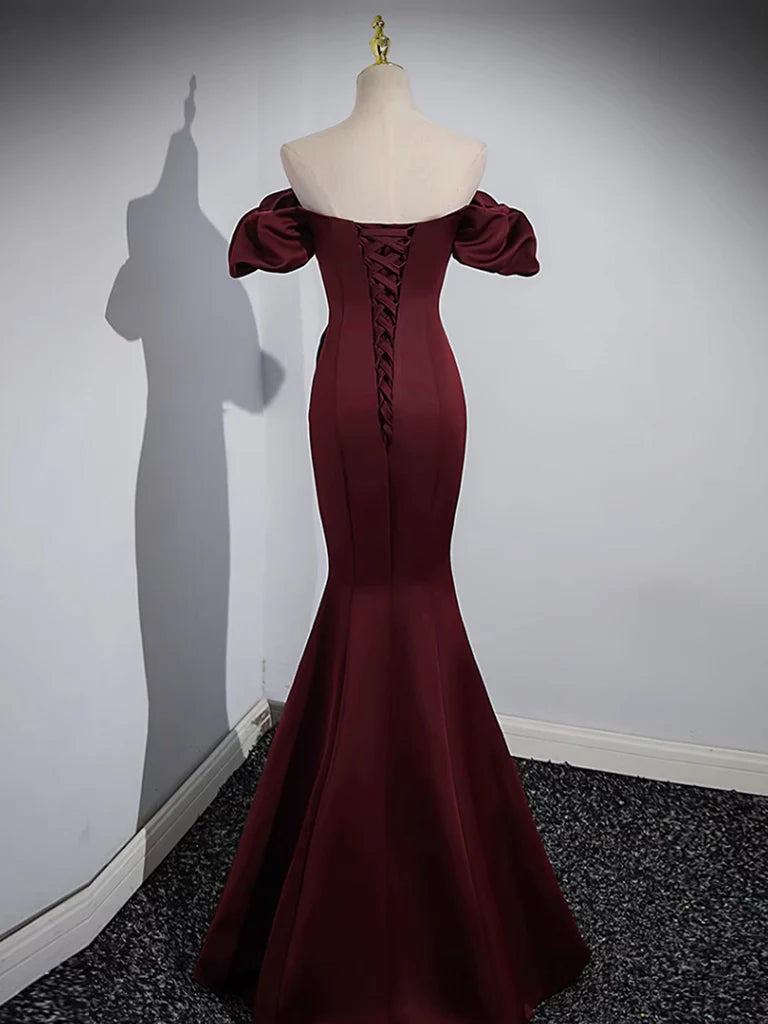 Buyishang Mermaid off Shoulder Satin Burgundy Long Prom Dress Burgundy Formal Dress