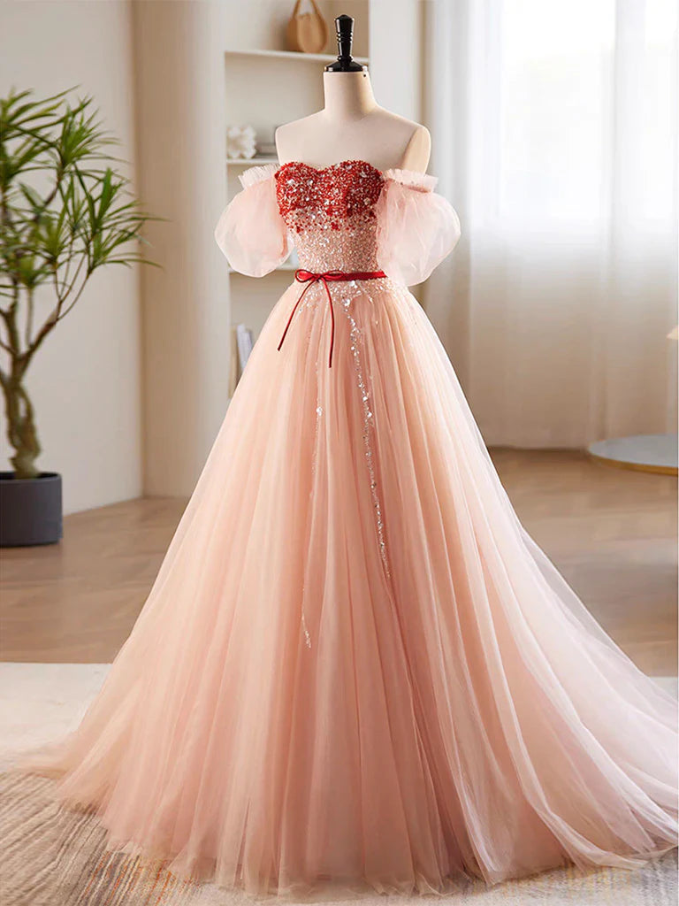 Buyishang A-Line Sweetheart Neck Sequin Tulle Pink Long Prom Dress Pink Formal Dress