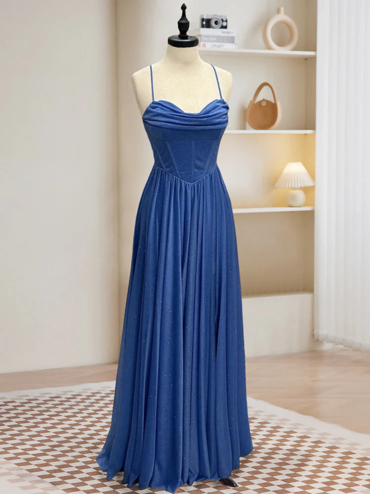 Buyishang A-Line Sweetheart Neck Blue Long Prom Dress Backless Blue Long Evening Dress