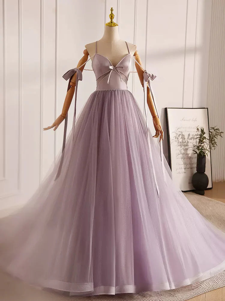 Buyishang A-Line V Neck Tulle Beads Purple Long Prom Dress Purple Long Formal Dress