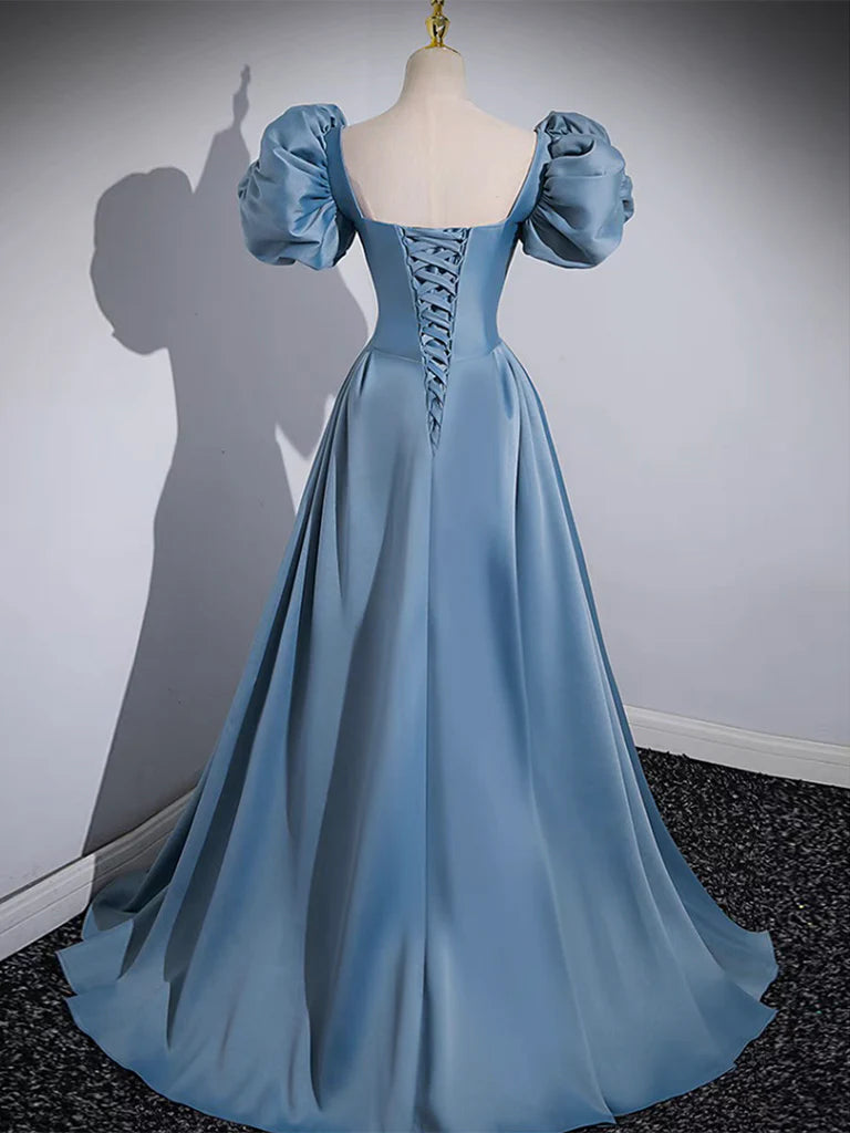 Buyishang A-Line Puff Sleeves Satin Blue Long Prom Dress Blue Long Formal Dress