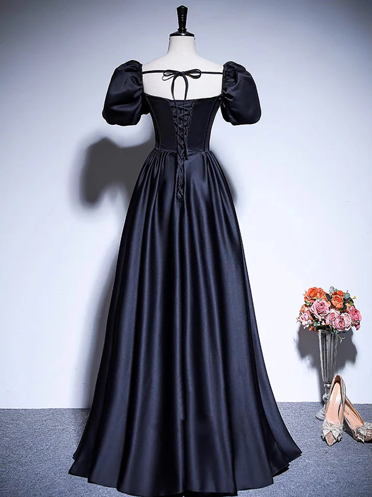 Buyishang A-Line Satin Puff Sleeves Black Long Prom Dress Black Long Evening Dress