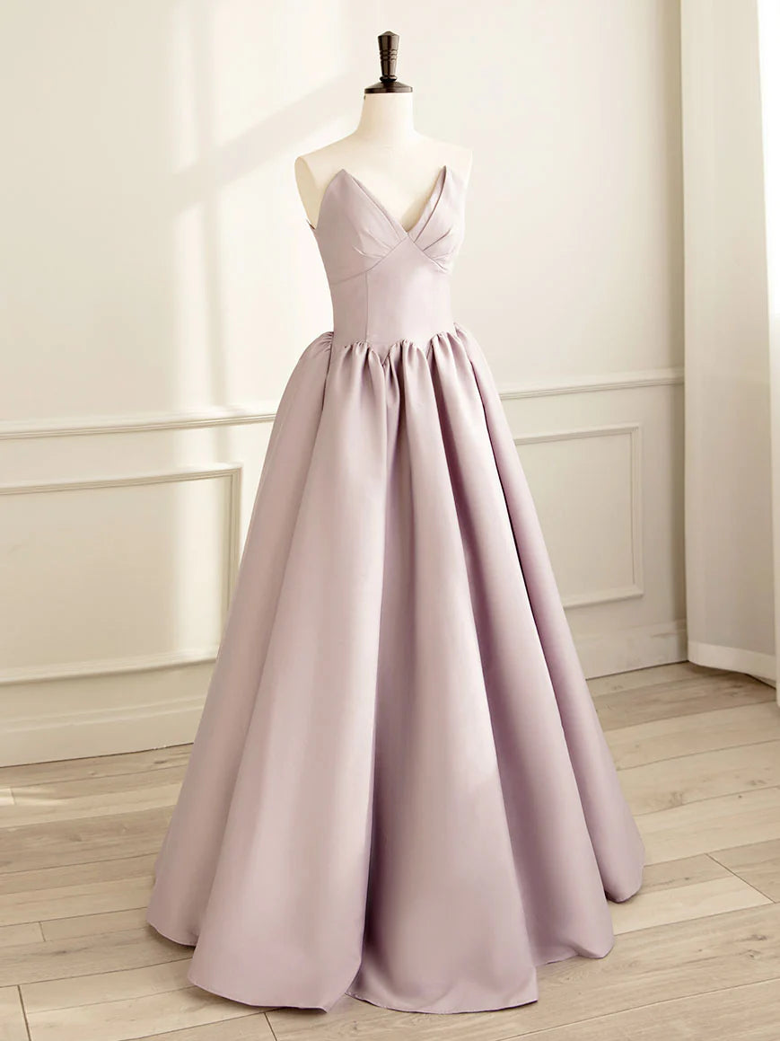Buyishang Simple V Neck Satin Pink Long Prom Dress Satin Formal Evening Dress
